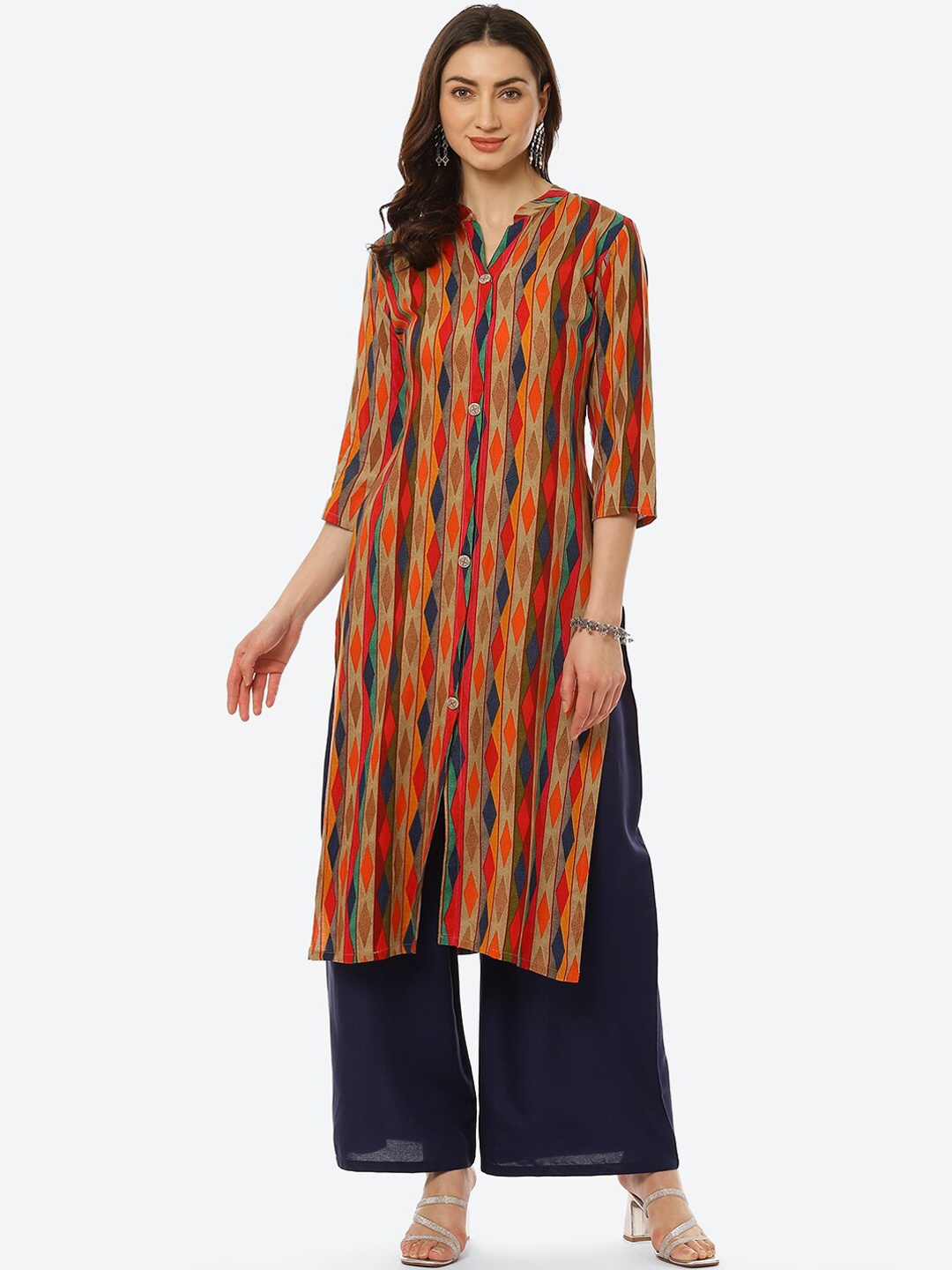 

Kurti's by Menka Women Beige & Orange Striped Kurta