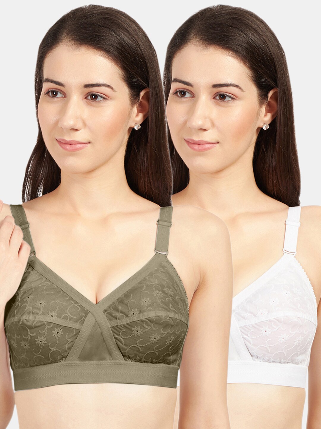 

Sonari Olive Green & White Set Of 2 Non-Padded All Day Comfort Everyday Bra