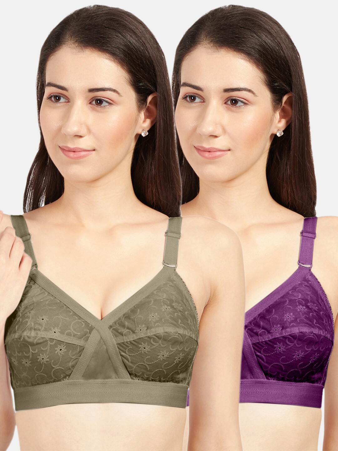 

Sonari Pack Of 2 Purple & Olive Green Pure Cotton Bra