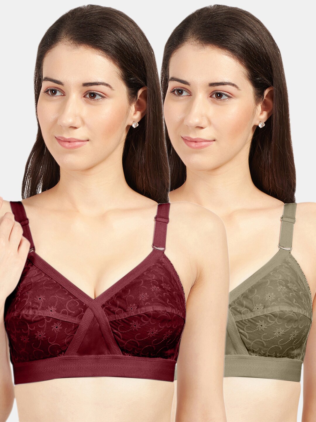 

Sonari Pack Of 2 Olive Green & Maroon Floral Pure Cotton Bra