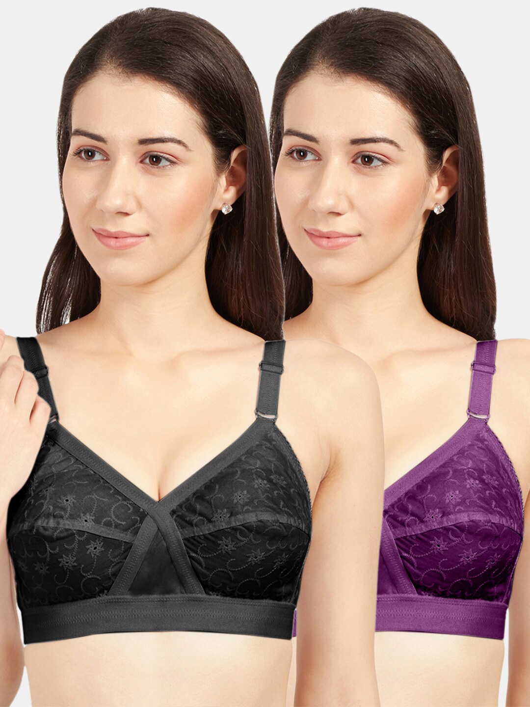 

Sonari Black & Purple Pack of 2 Non-Padded Pure Cotton Regular Bra