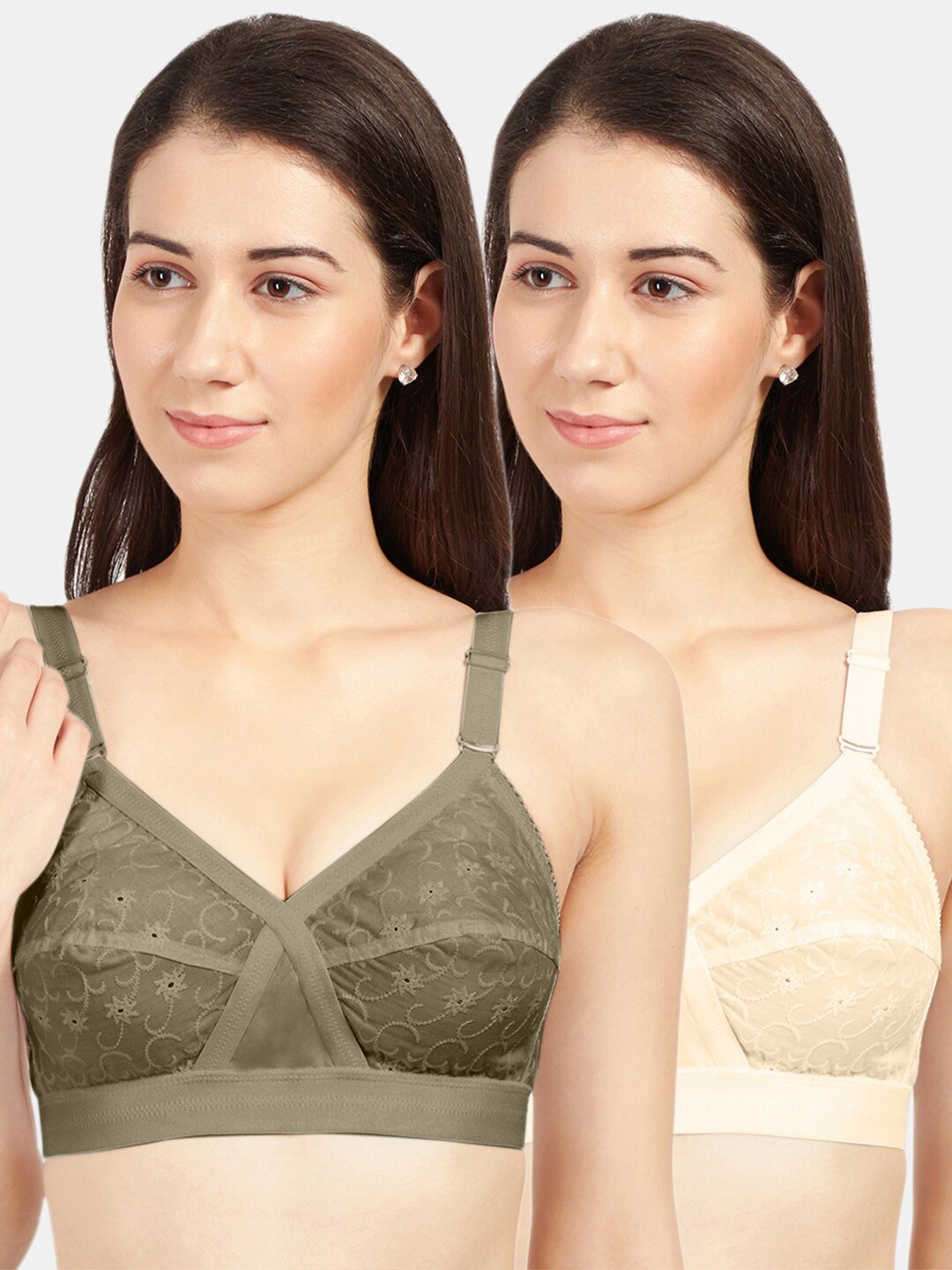 

Sonari Pack Of 2 Olive Green & Cream-Coloured Floral Pure Cotton Bra