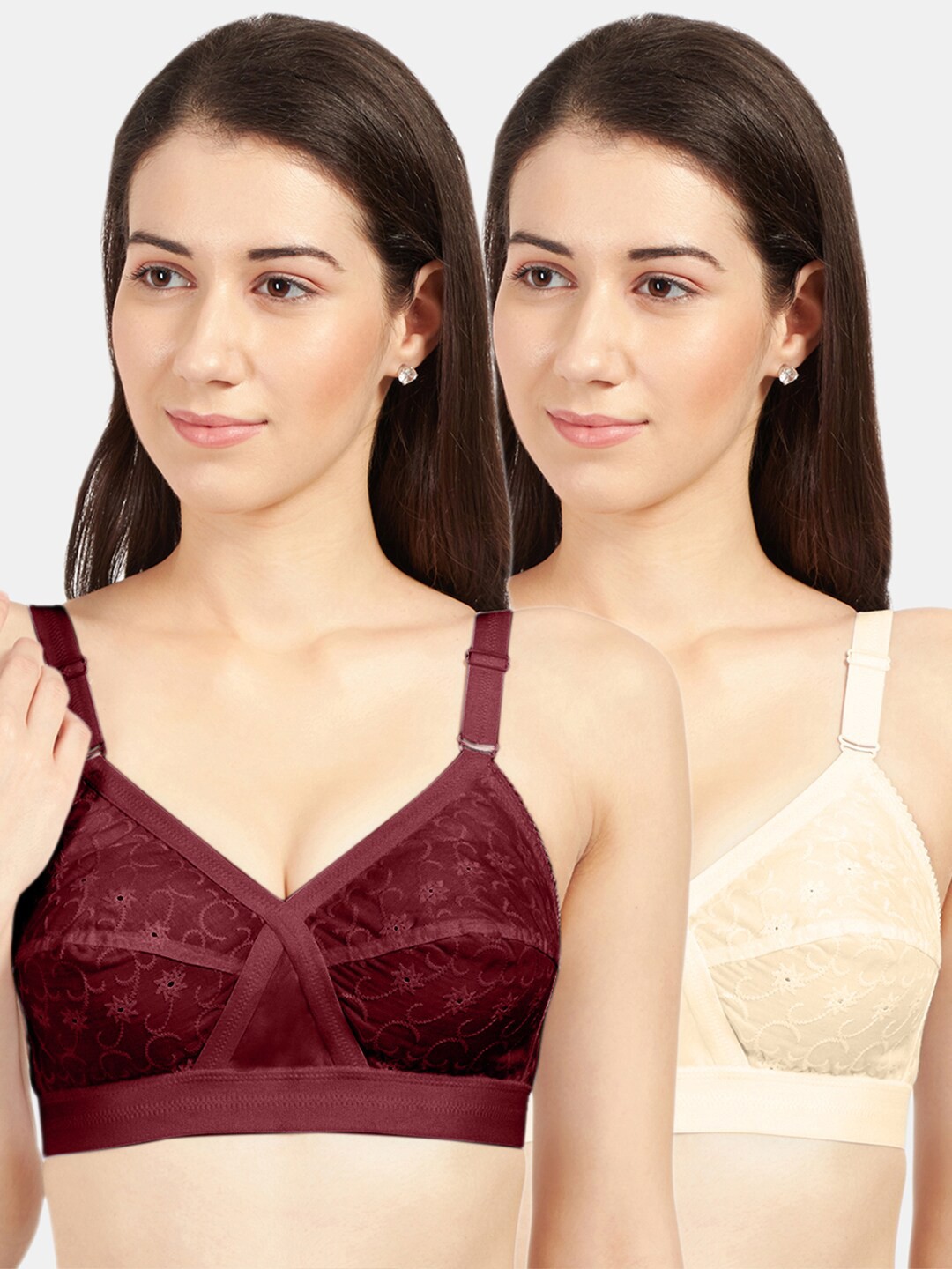 

Sonari Maroon & Cream-Coloured Pack of 2 Non-Padded Pure Cotton Regular Bra