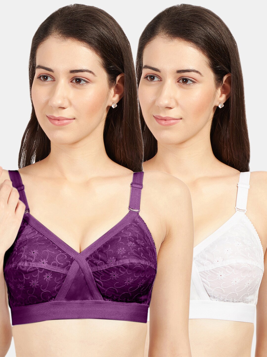 Sonari Set Of 2 White & Purple Non Padded & Non Wired Floral Bra