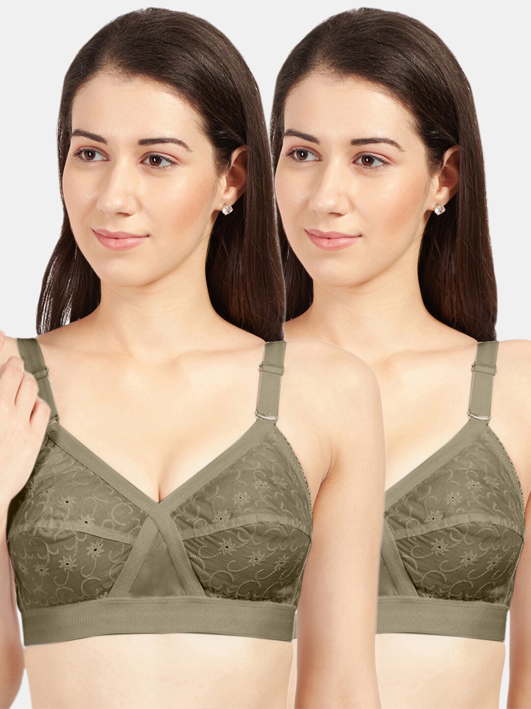 

Sonari Pack Of 2 Olive Green Floral Pure Cotton Bra