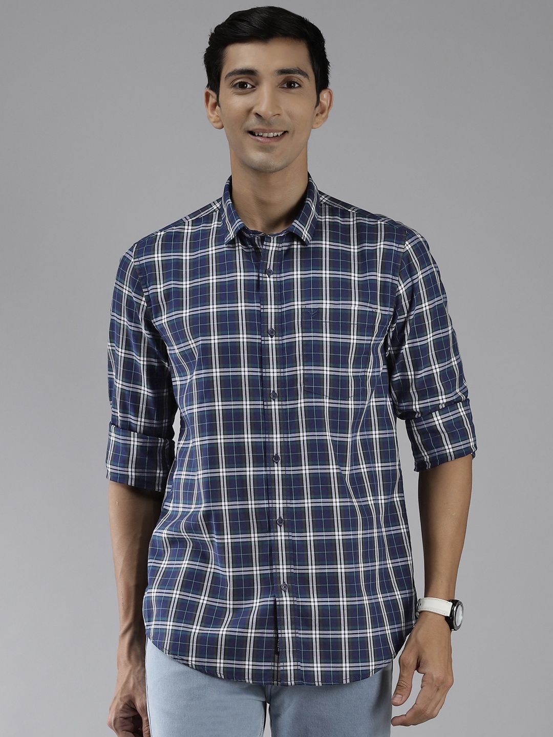 

Blackberrys Men Blue Pure Cotton India Slim Fit Tartan Checks Casual Shirt