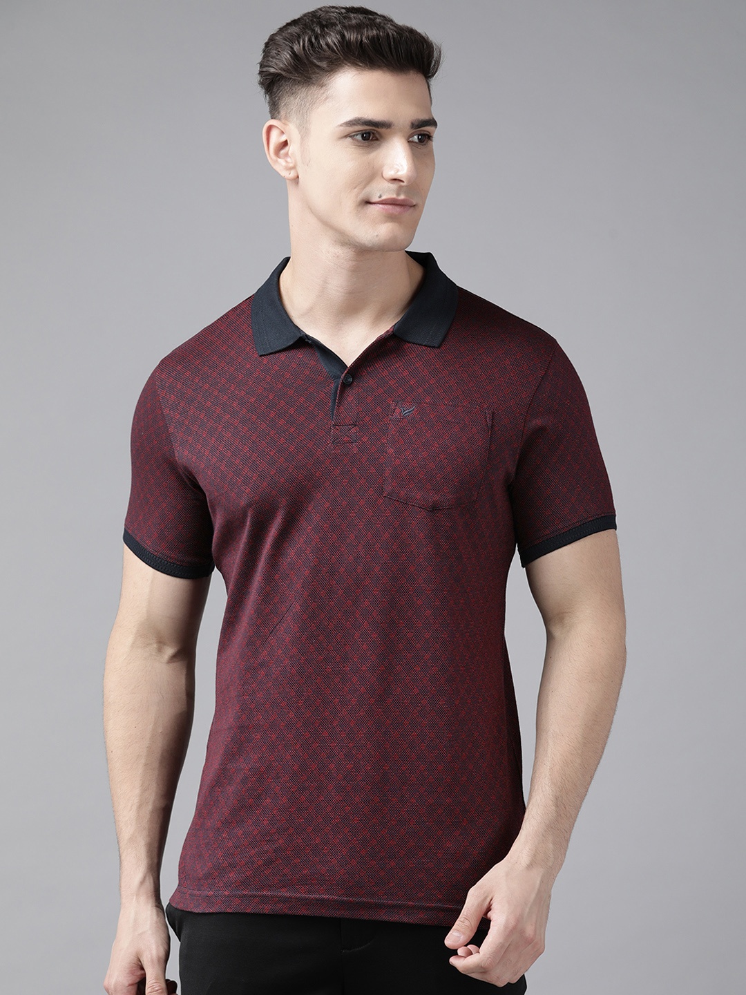 

Blackberrys Men Navy Blue & Red Printed Polo Collar Slim Fit T-shirt