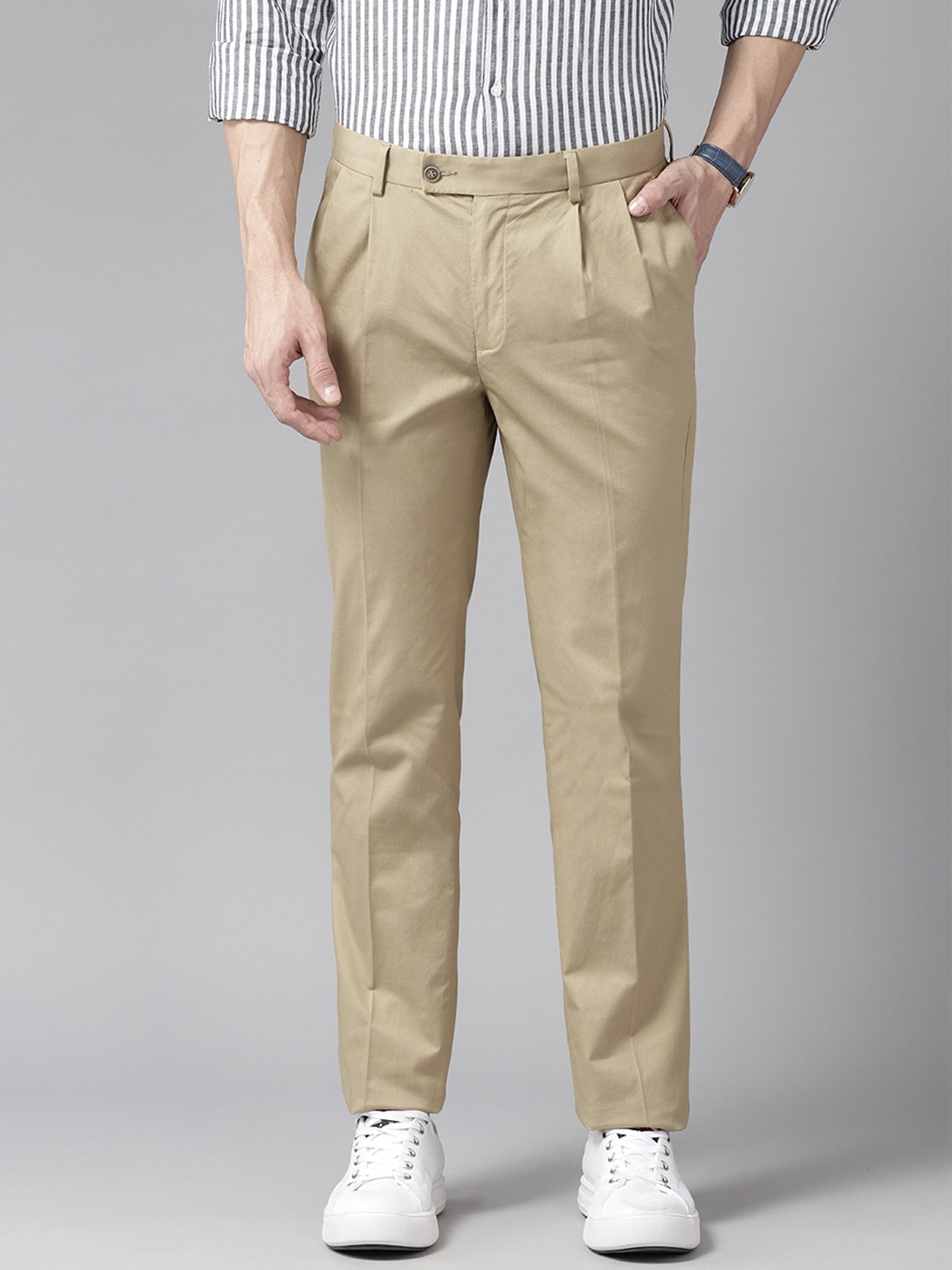 

Blackberrys Men Pleated Formal Trousers, Beige