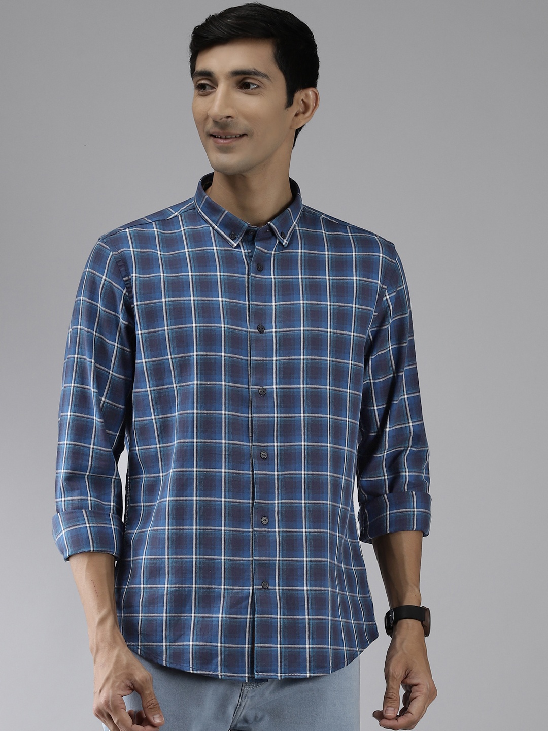 

Blackberrys Men Blue Pure Cotton India Slim Fit Tartan Checks Casual Shirt