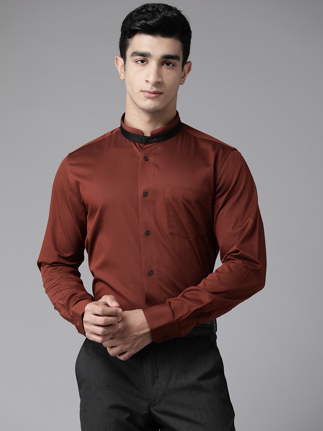 

Blackberrys Solid Slim Fit Band Collar Opaque Pure Cotton Formal Shirt, Rust