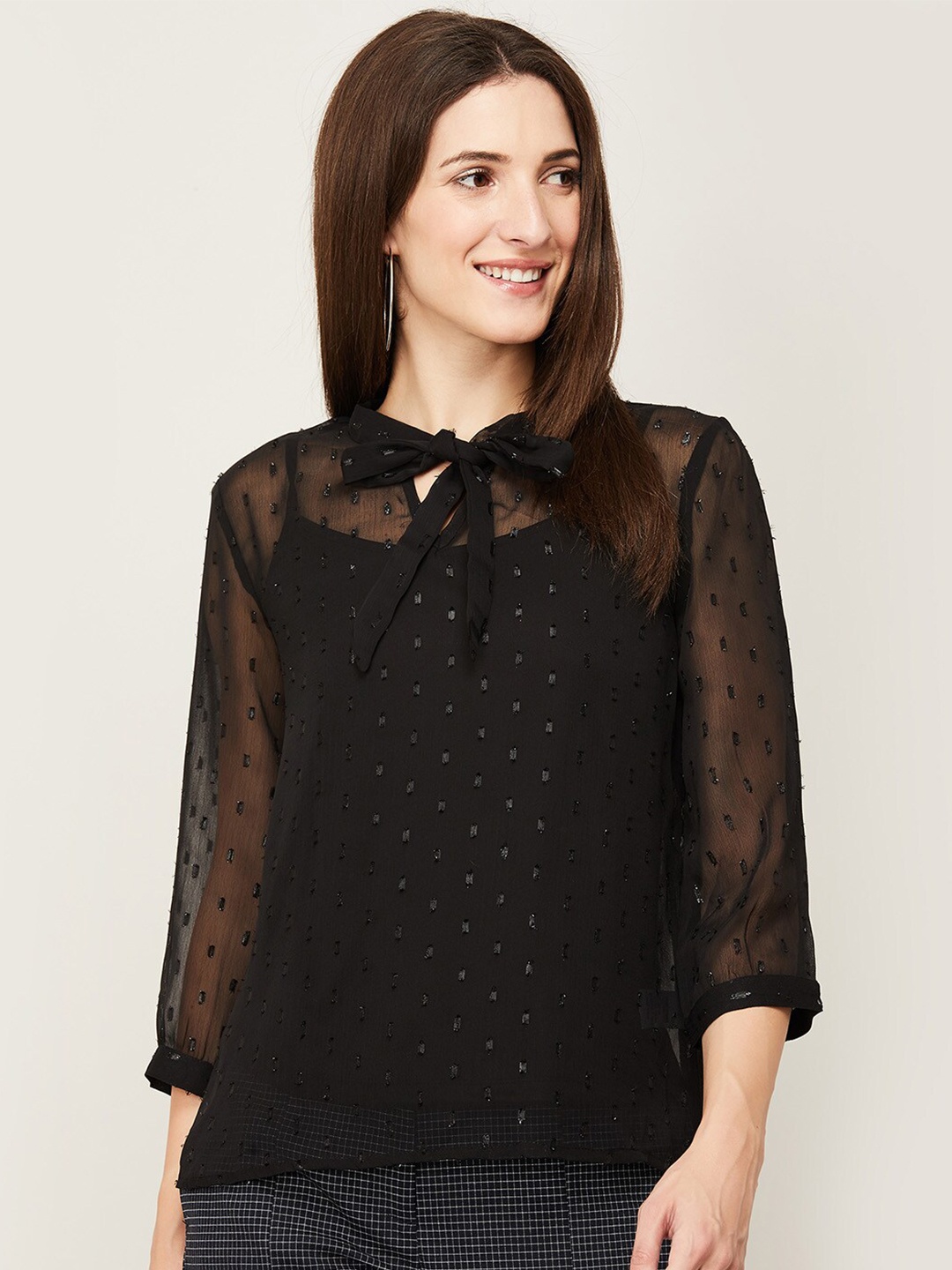 

Bossini Black Dobby Tie-Up Neck Top