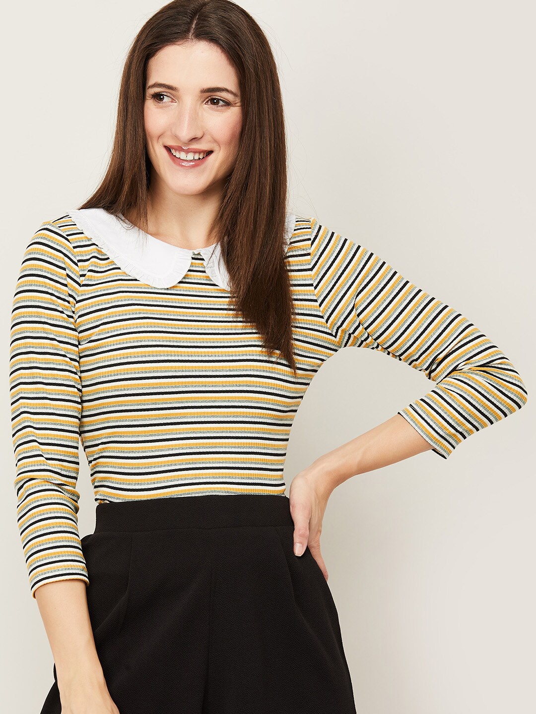 

Bossini Yellow & White Striped Peter Pan Collar Top