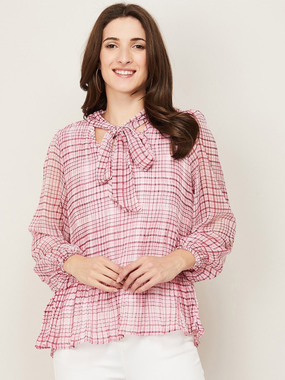 

CODE by Lifestyle Pink & White Checked Tie-Up Neck Top