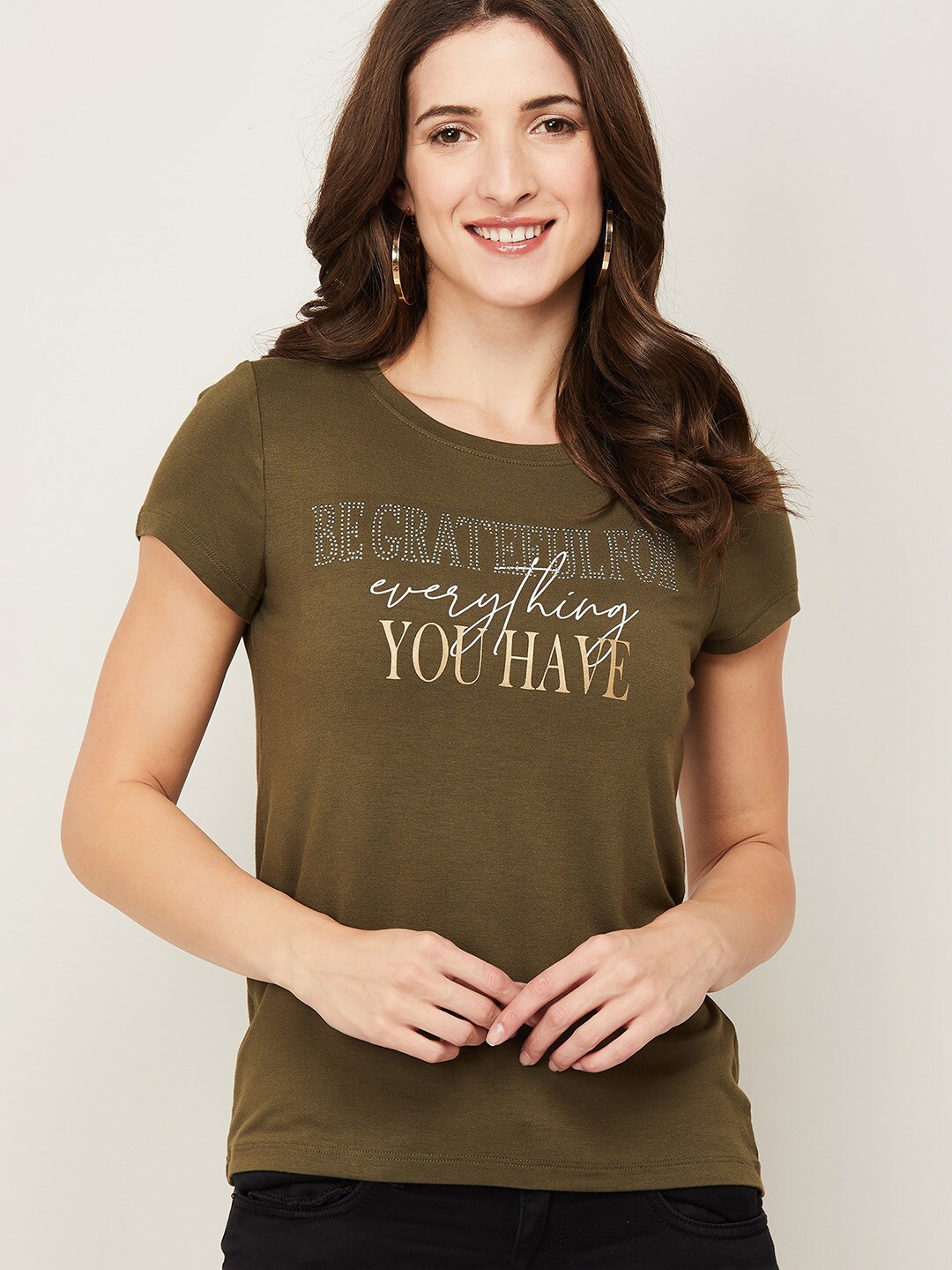 

Fame Forever by Lifestyle Women Olive Green Typography Print Top