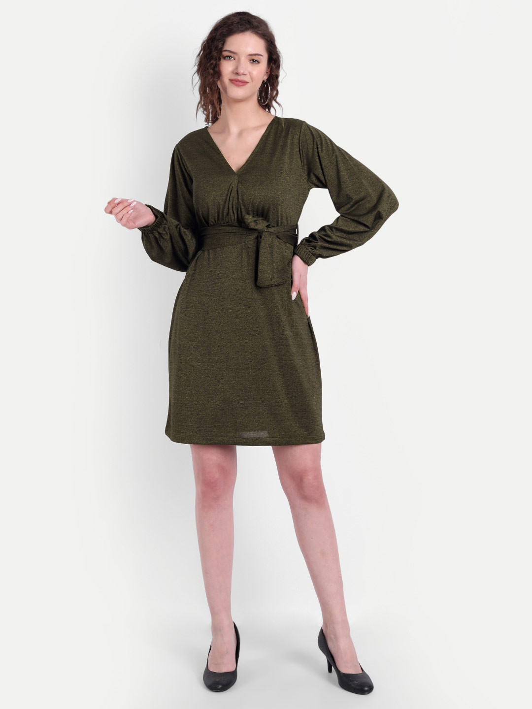

BROADSTAR Olive Green Solid A-Line Mini Dress