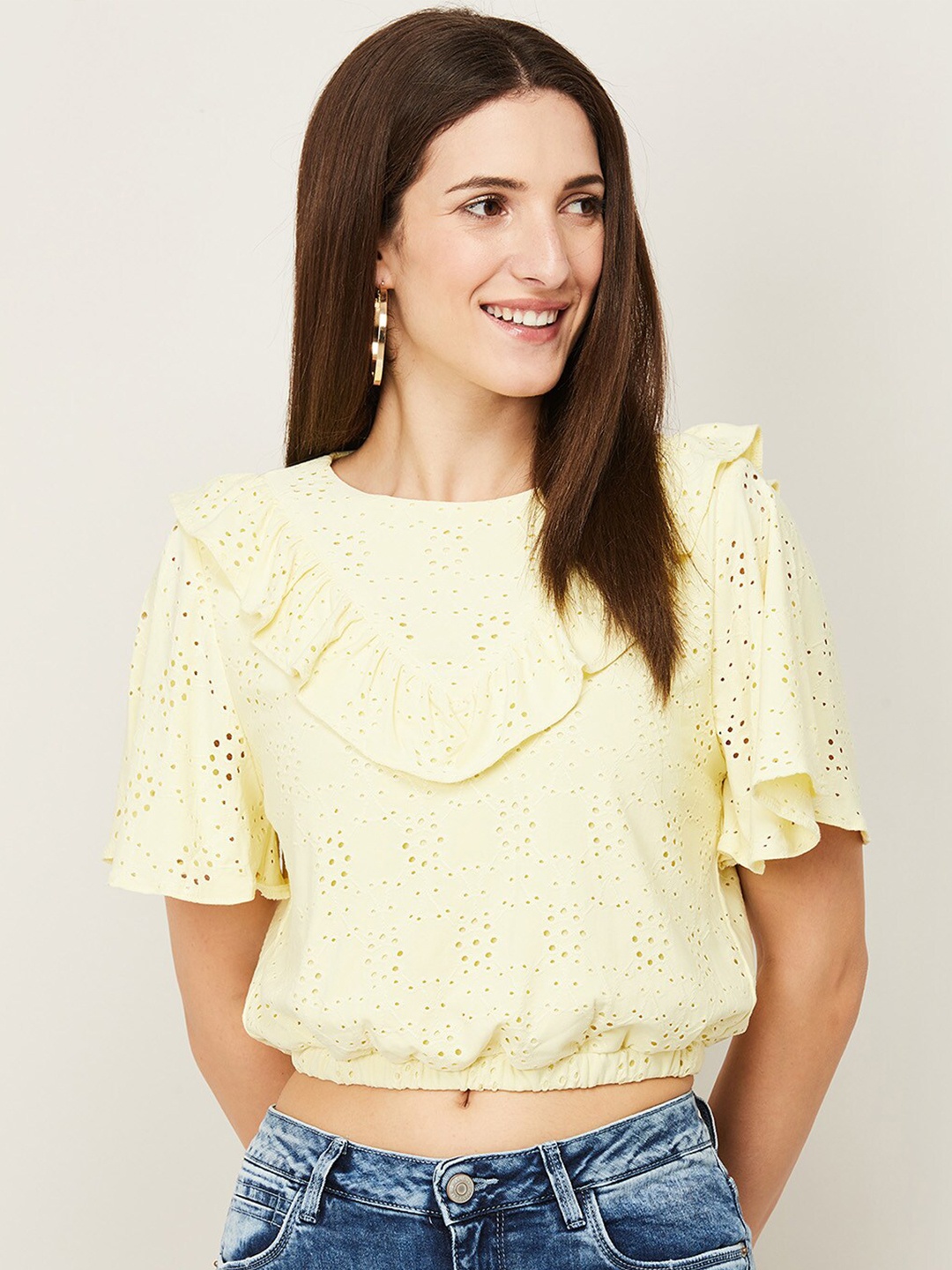 

Ginger by Lifestyle Women Yellow Schiffli Detail Crop Top