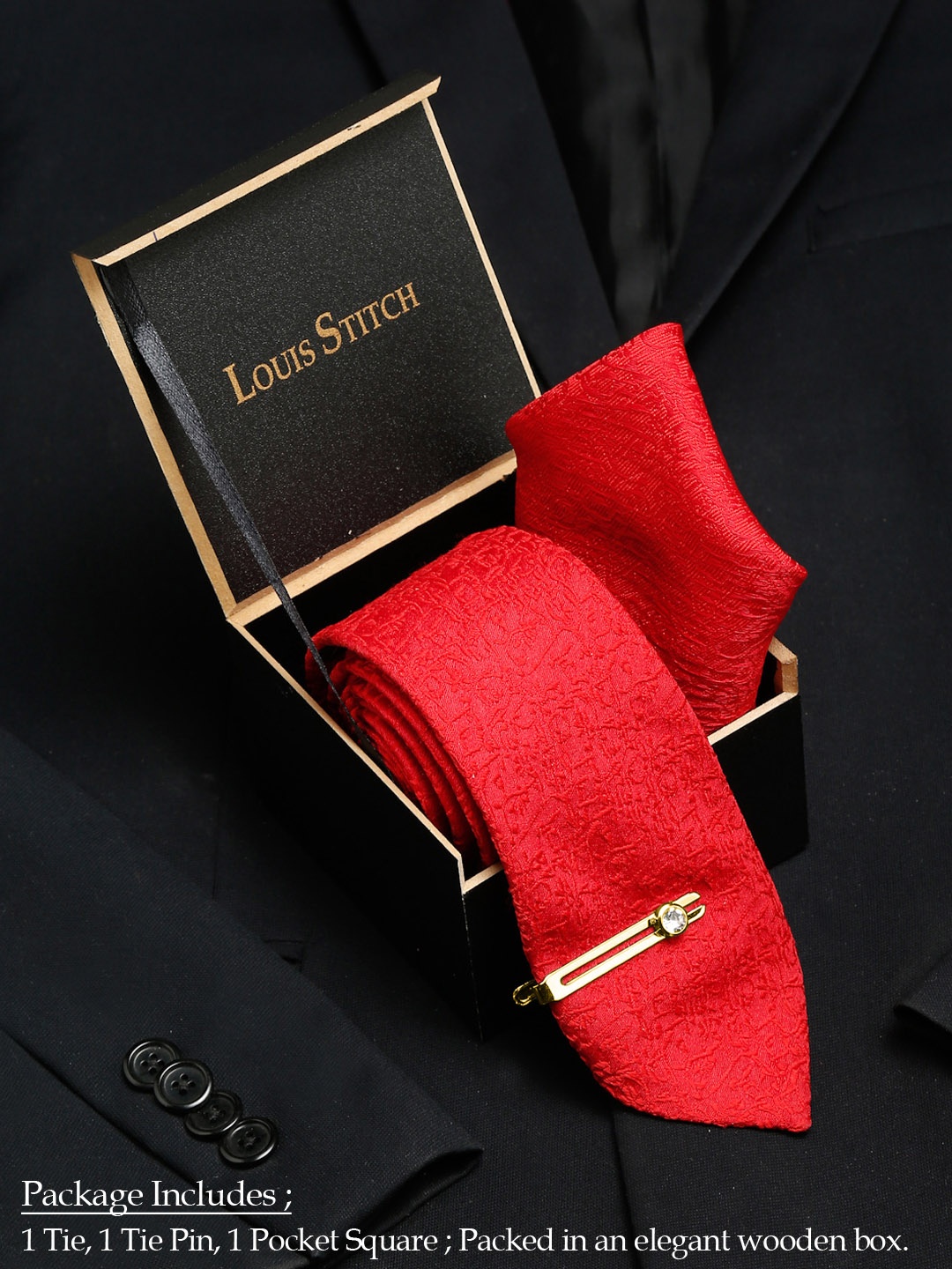 

LOUIS STITCH Men Italian Silk Necktie Accessory Gift Set, Red