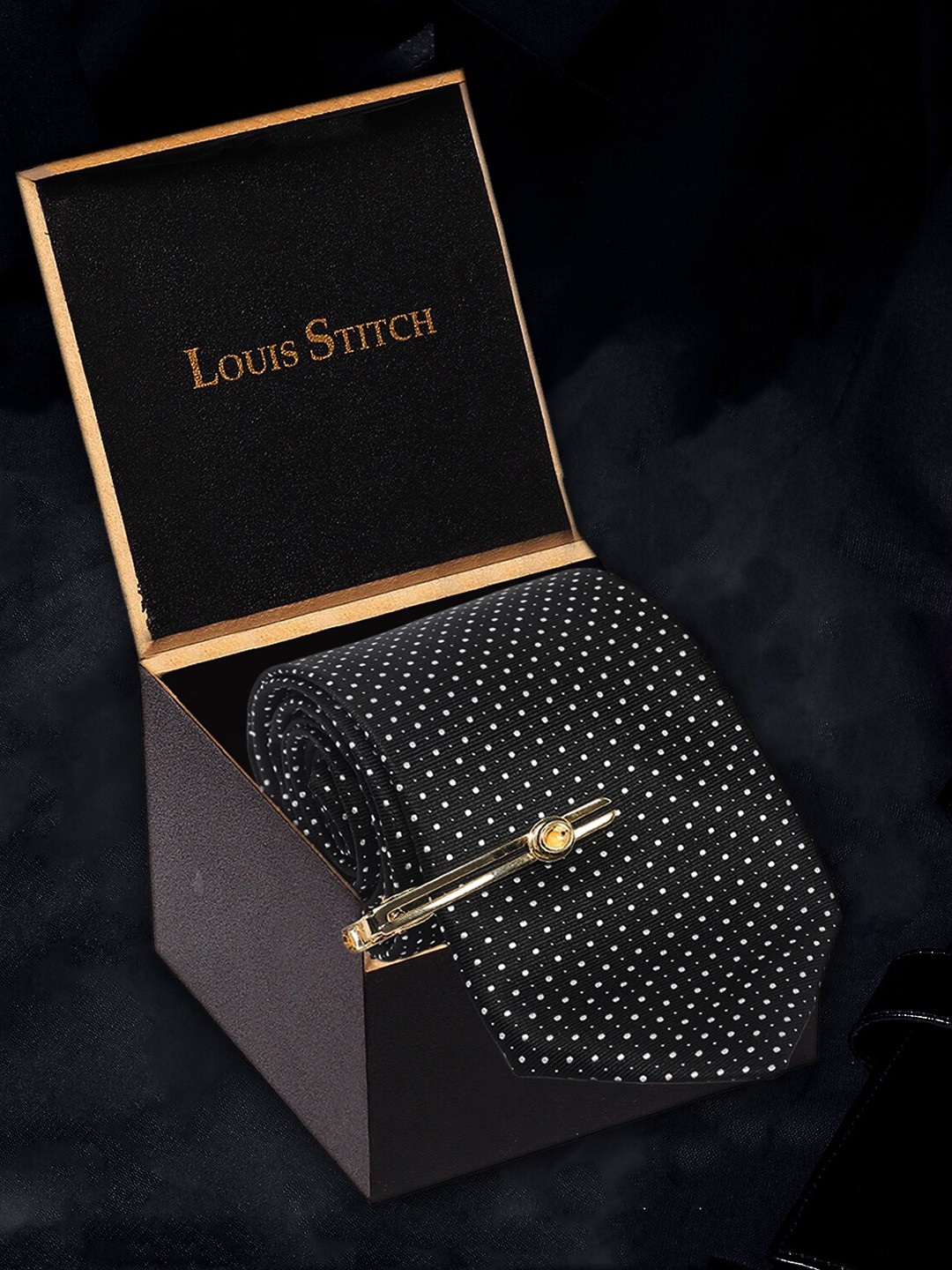 LOUIS STITCH Men Polka Black Italian Silk Necktie Accessory Gift Set