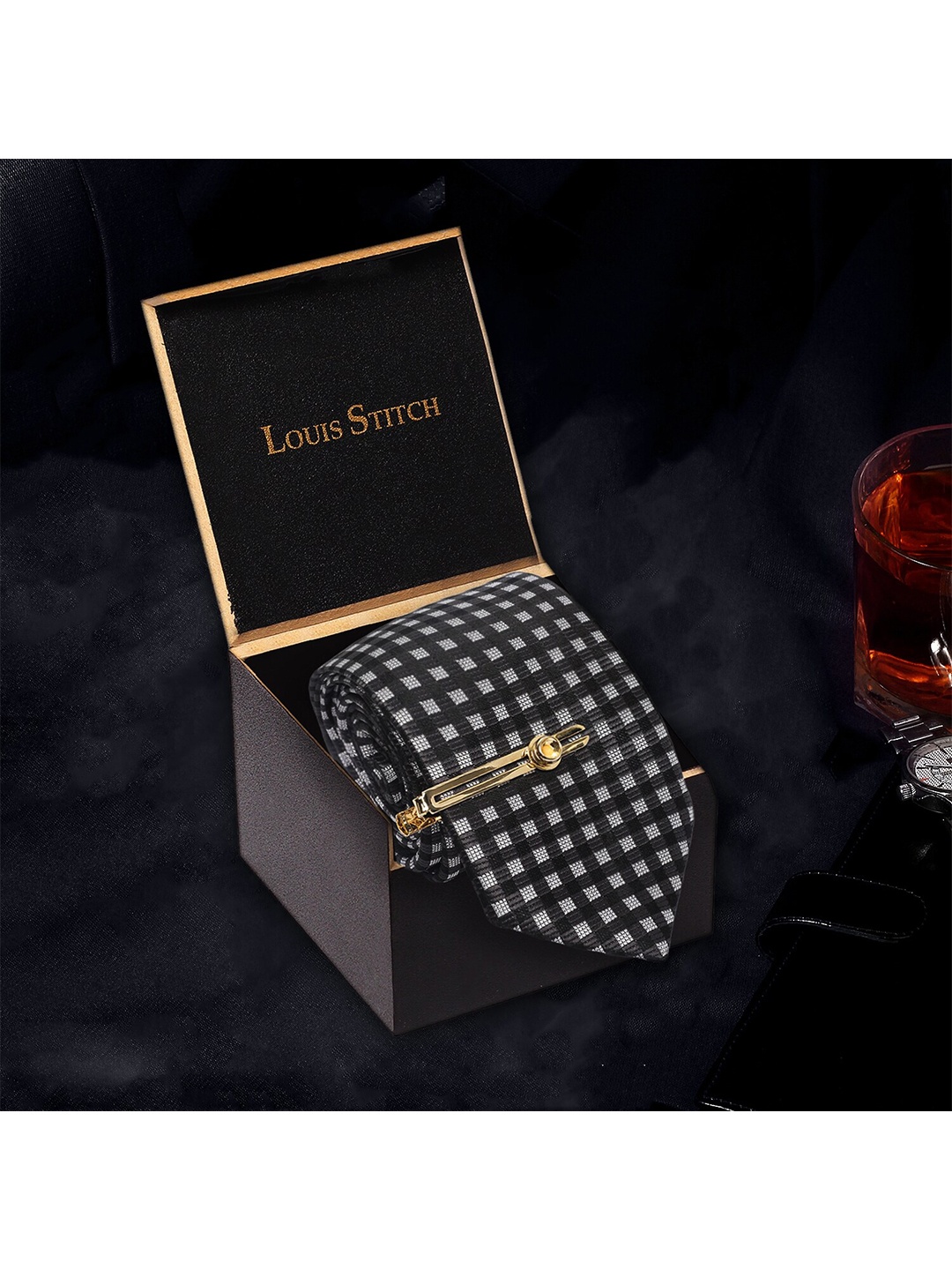 

LOUIS STITCH Men Checked Italian Silk Necktie Accessory Gift Set, Black