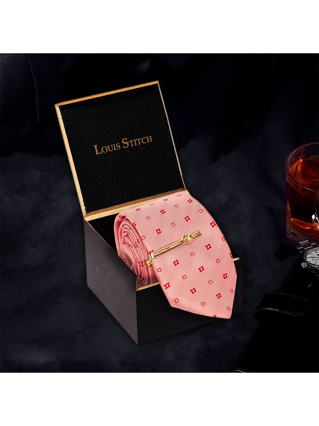

LOUIS STITCH Men Italian Silk Necktie Accessory Gift Set, Peach
