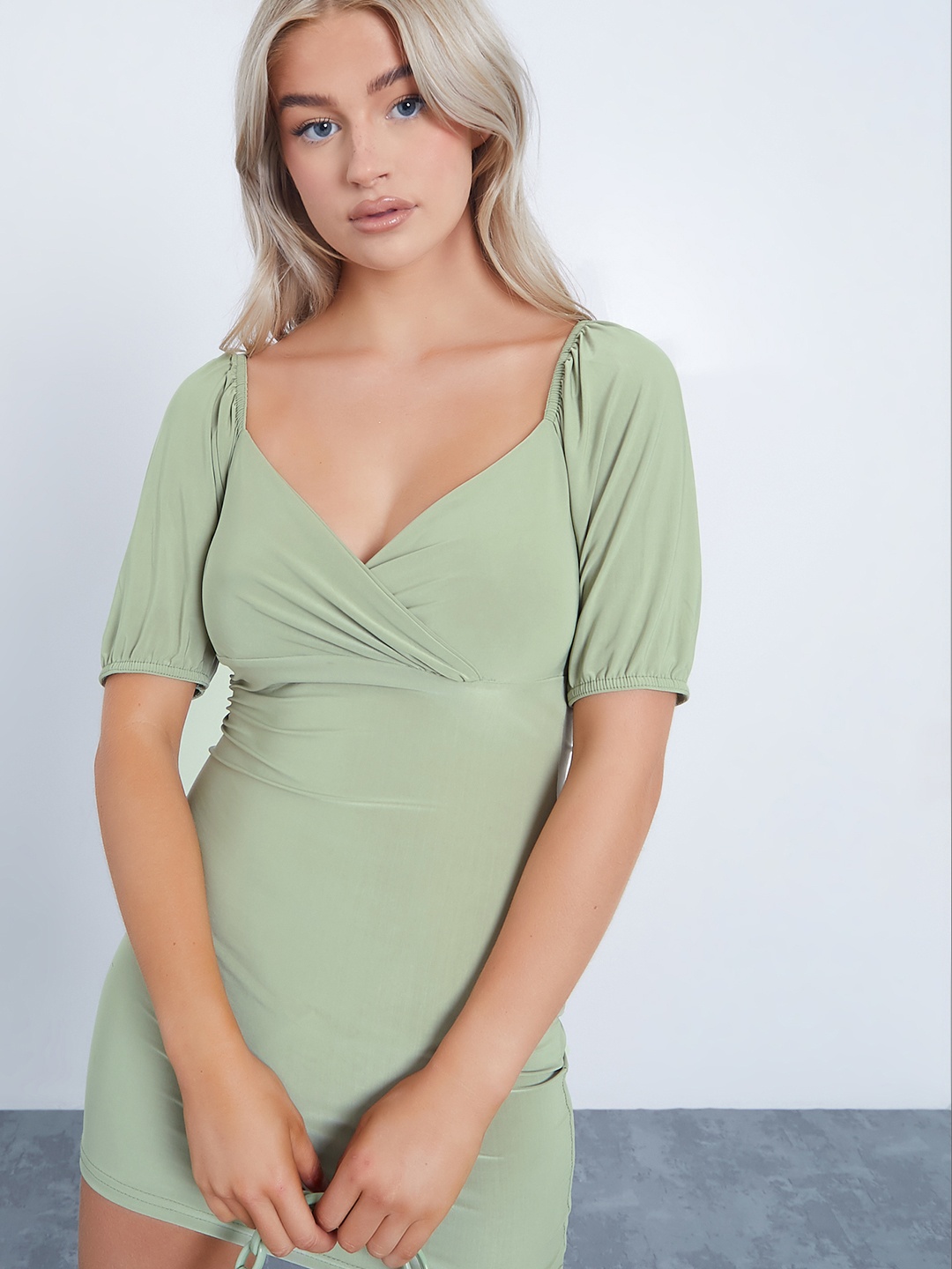 

I Saw It First Women Green Solid Mini Wrap Dress