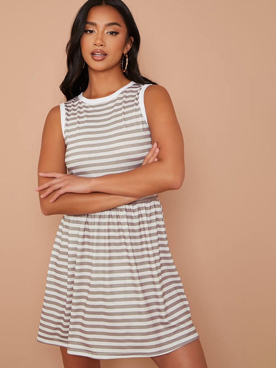 

I Saw It First Beige & Brown Striped A-Line Dress