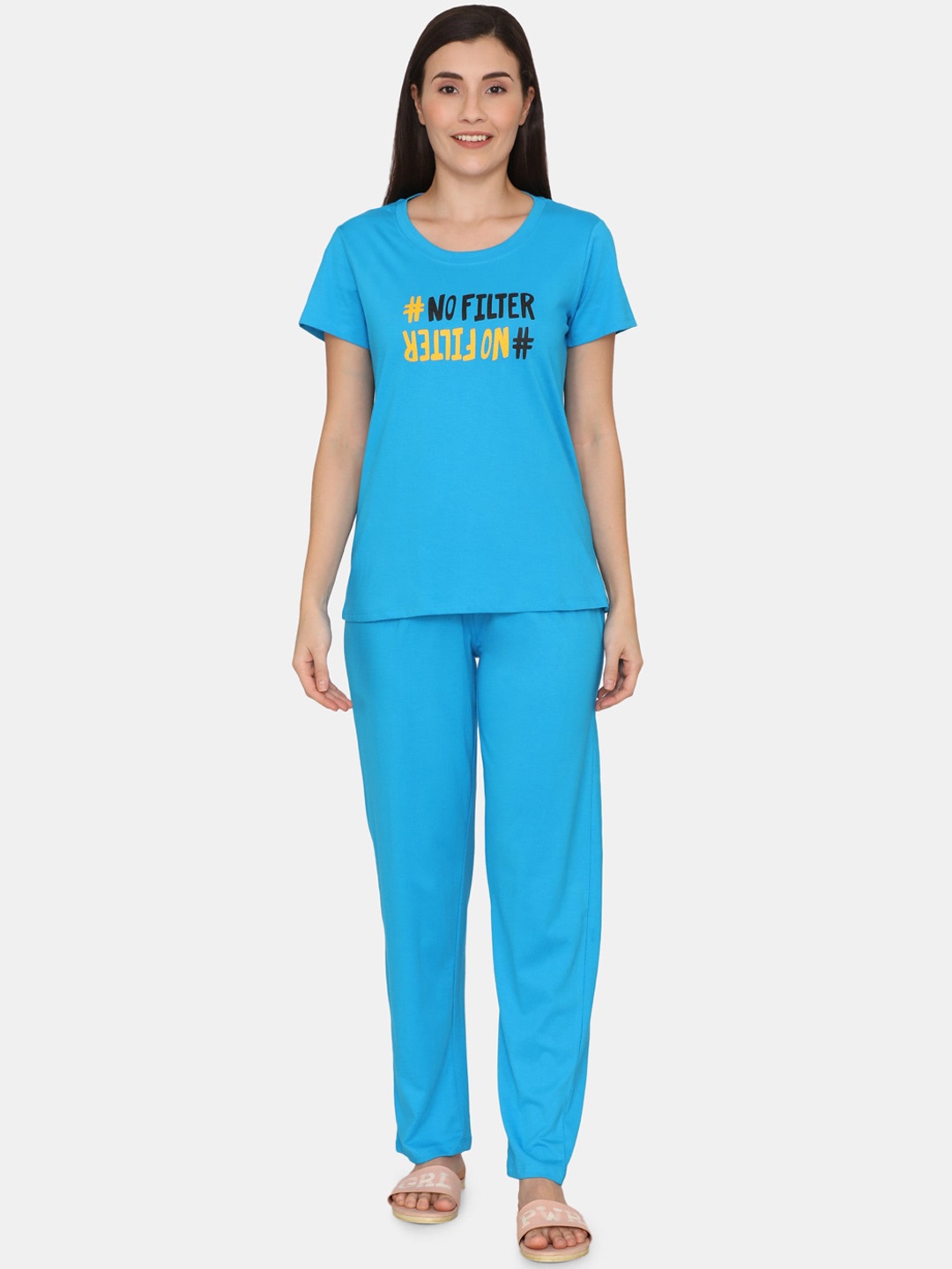 

Coucou by Zivame Women Blue & Yellow Printed Pure Cotton Night suit