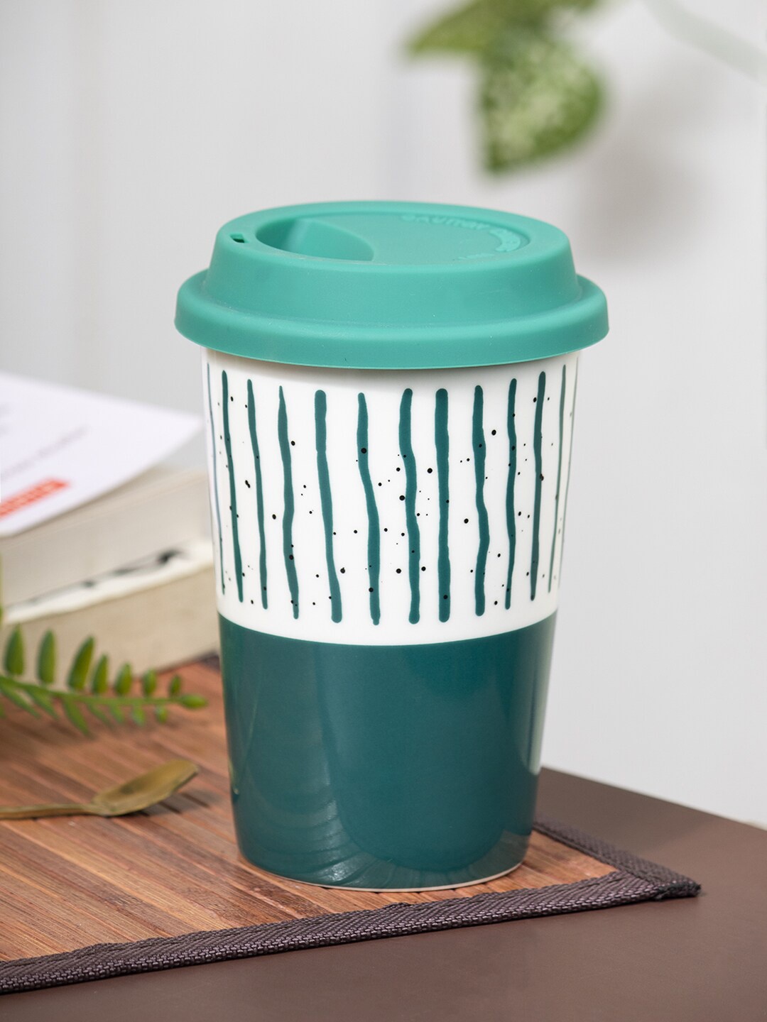 

MARKET99 Teal & White Printed Ceramic Glossy Mugs With Lid