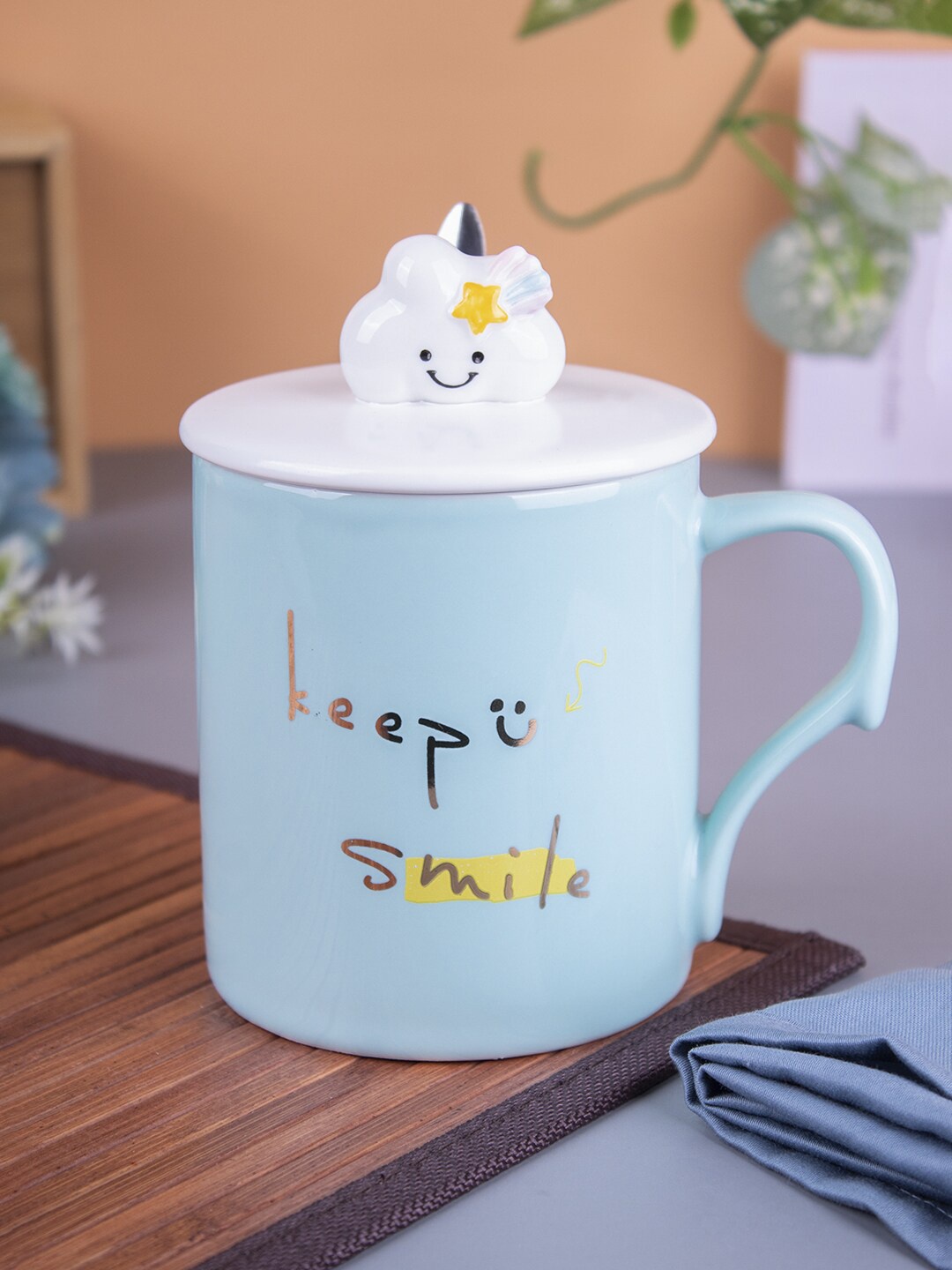 

MARKET99 Blue & Yellow Printed Ceramic Glossy Mugs With Lid