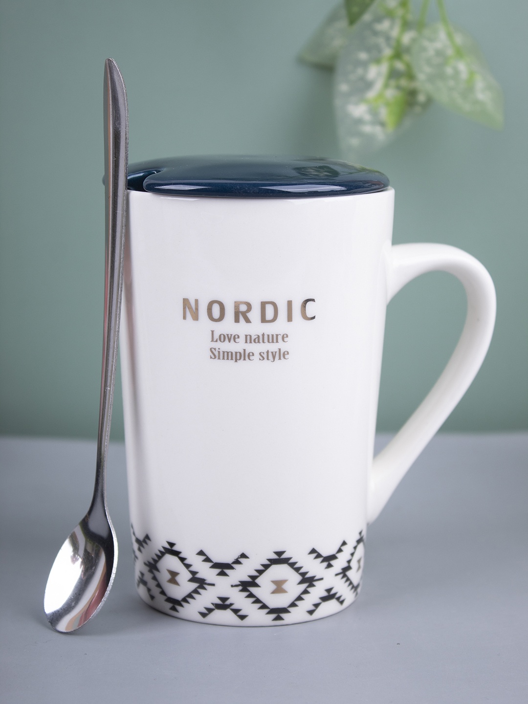 

MARKET99 Assorted Printed Ceramic Glossy Mug With Lid & Spoon, Cream