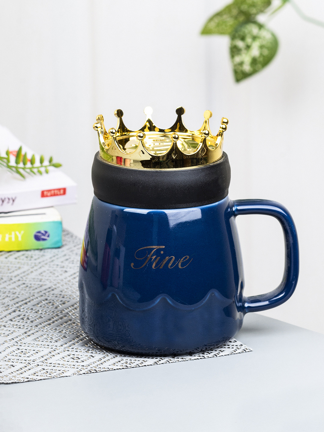 

MARKET99 Blue & Gold-Toned Printed Ceramic Glossy Coffee Mug With Crown Lid 410 ml