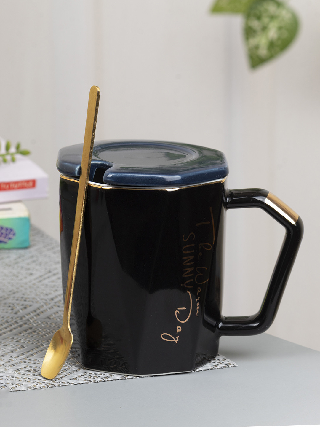 

MARKET99 Assorted Printed Ceramic Glossy Mug With Lid & Spoon