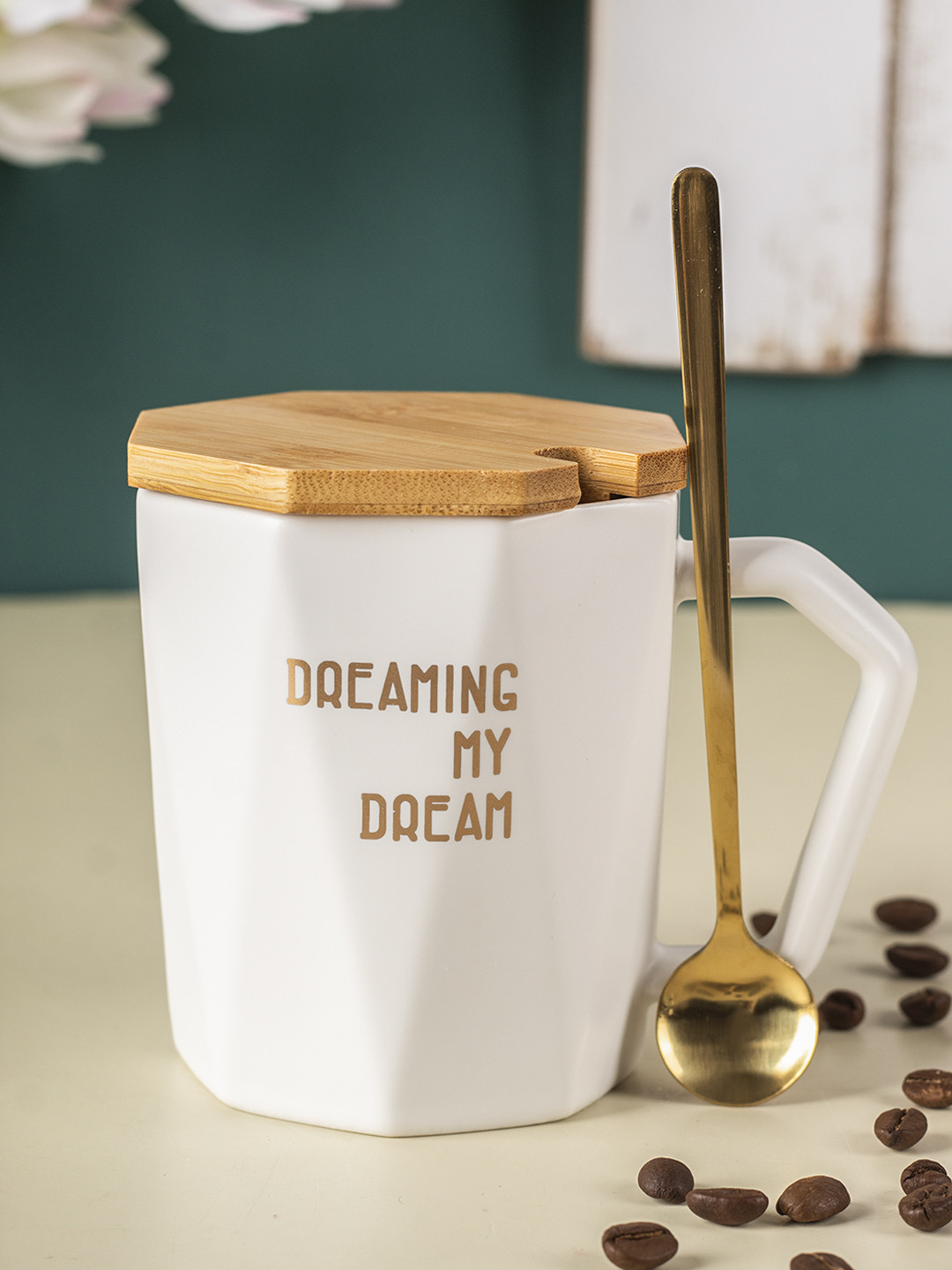 

MARKET99 White & Brown Printed Ceramic Glossy Mug with Lid & Spoon