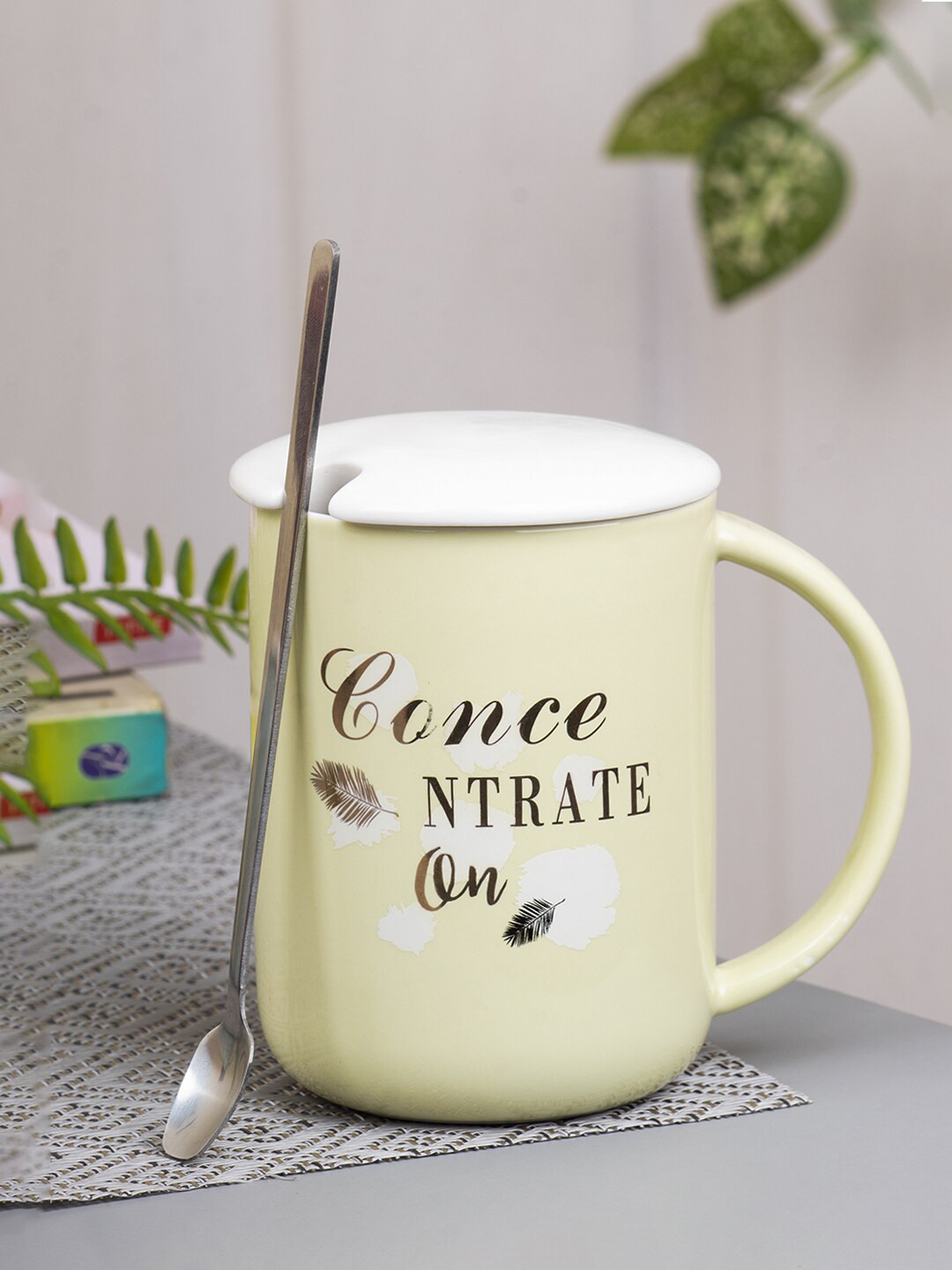 

MARKET99 Yellow & White Printed Ceramic Glossy Mug With Lid