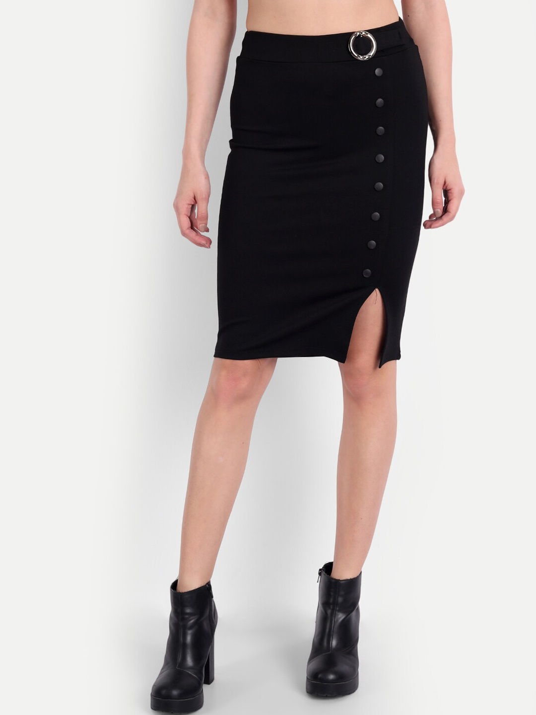 

BROADSTAR Women Black Solid Pencil Knee Length Skirt