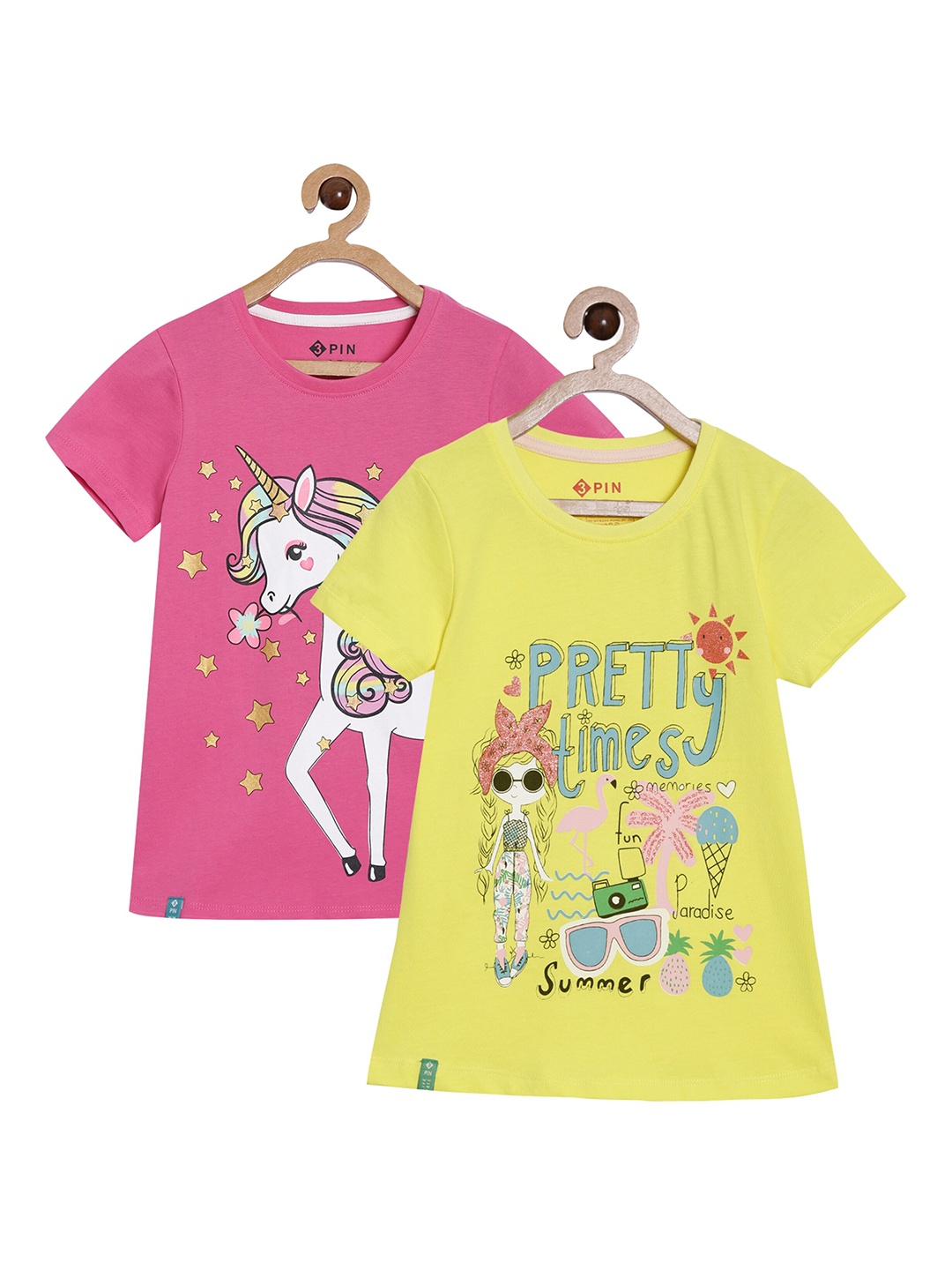 

3PIN Girls Pack Of 2 Printed T-shirt, Yellow