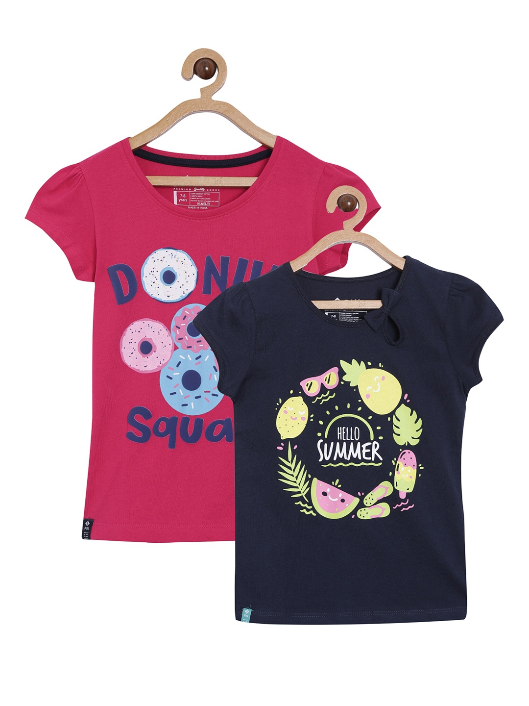 3PIN Girls Pink & Navy Blue Set of 2 Graphic Printed Cotton T-shirt