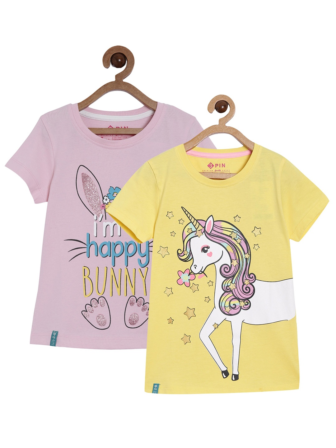 

3PIN Girls Pack Of 2 Pink & Yellow Graphic Printed T-shirt