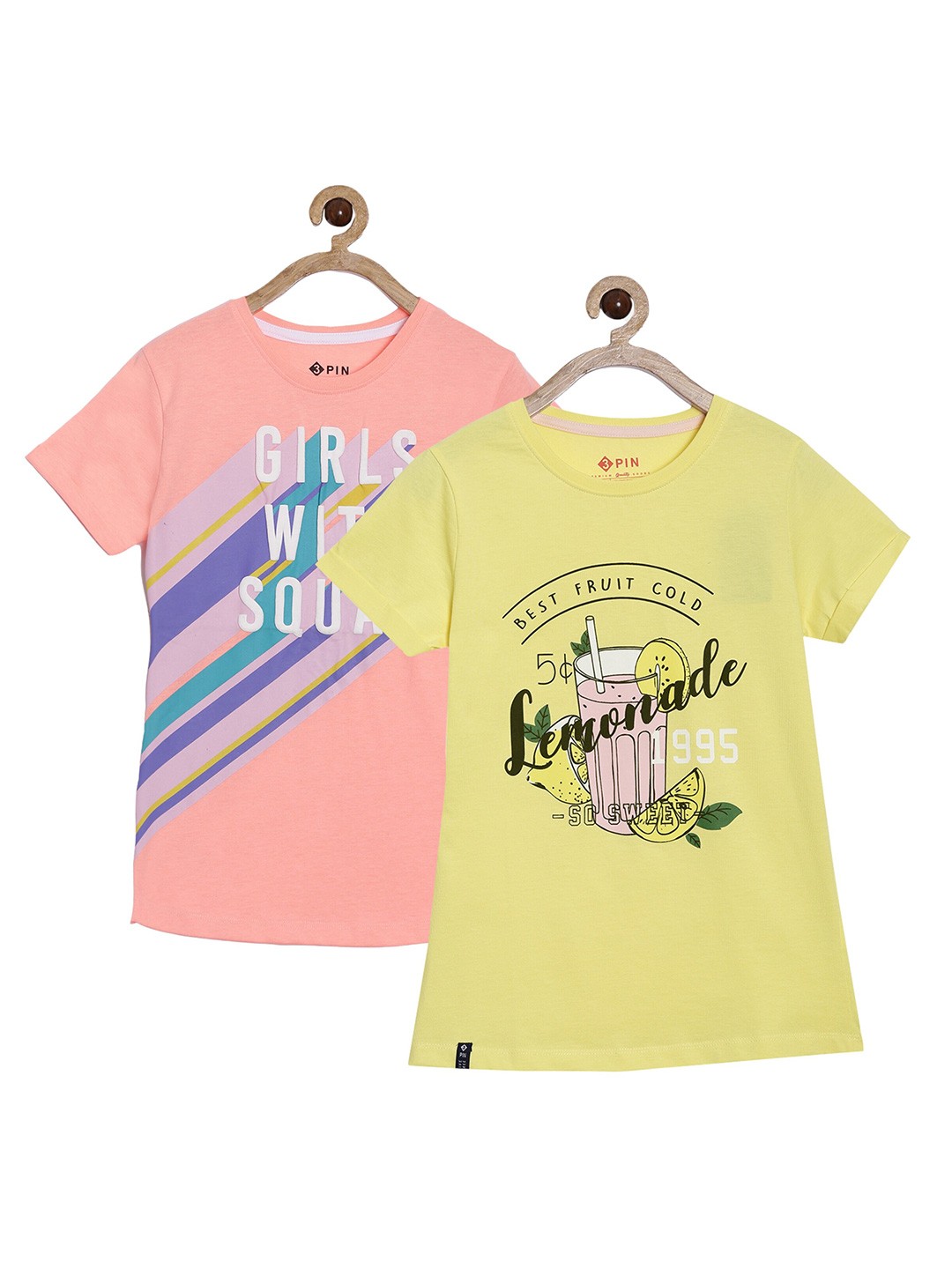 

3PIN Girls Pack of 2 Pink & Yellow Typography Printed Cotton T-shirts