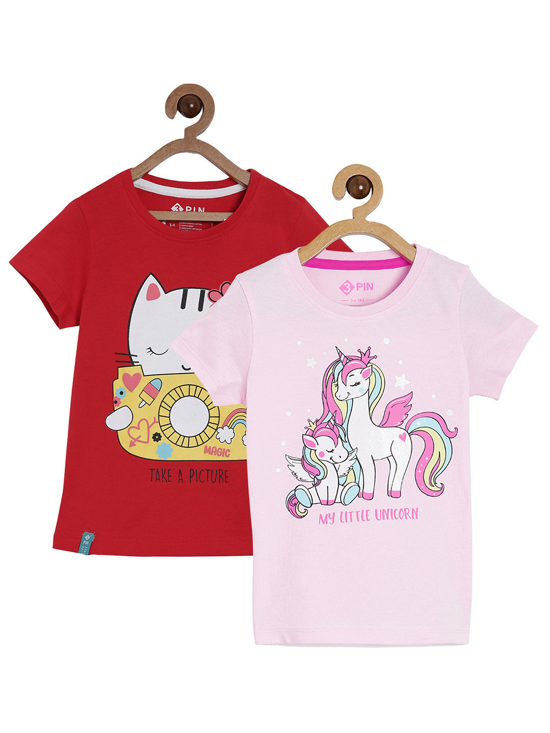 

3PIN Girls Set Of 2 Red & Pink Printed Cotton T-shirt