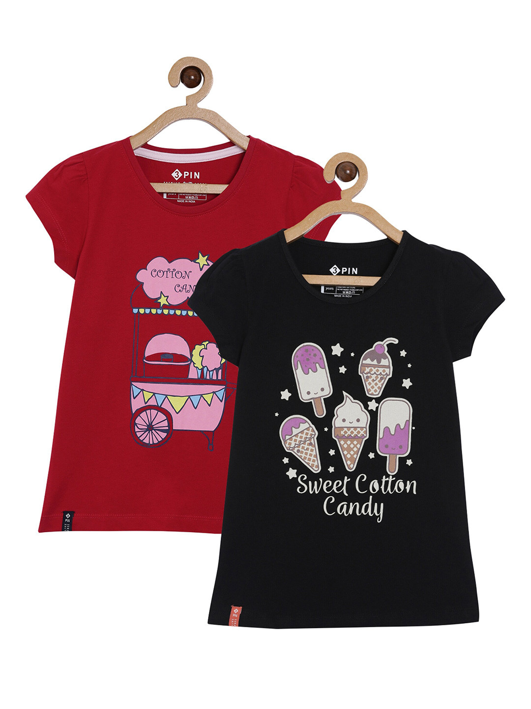 

3PIN Girls Red & Black Pack Of 2 Graphic Printed Cotton T-shirt
