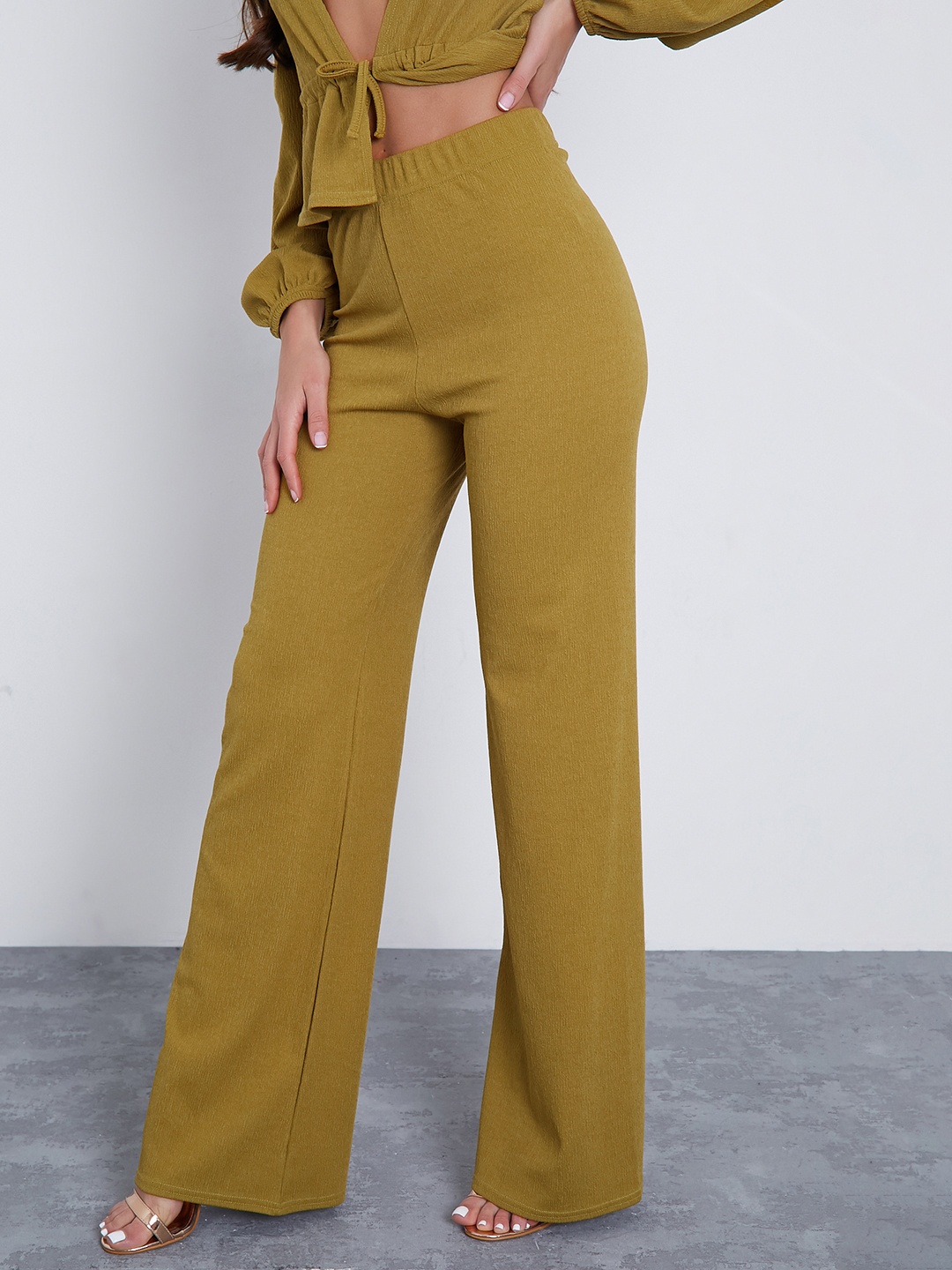 

I Saw It First Women Olive Brown Ribbed Wide Leg High-Rise Trousers