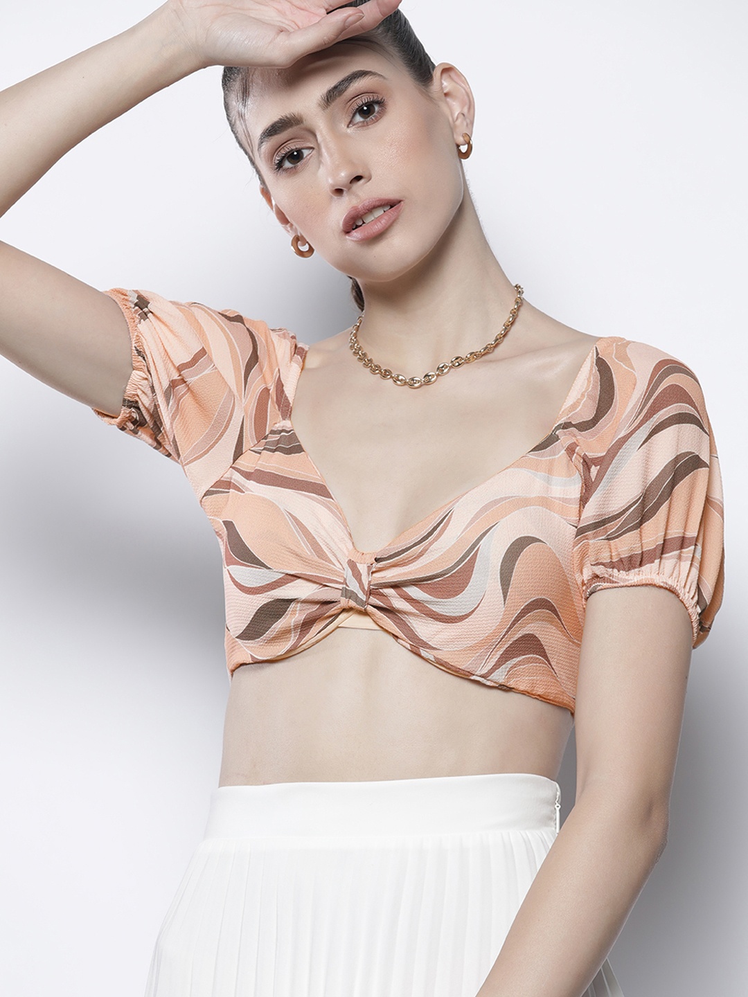 

I Saw It First Beige & Peach-Coloured Printed Twisted Empire Crop Top