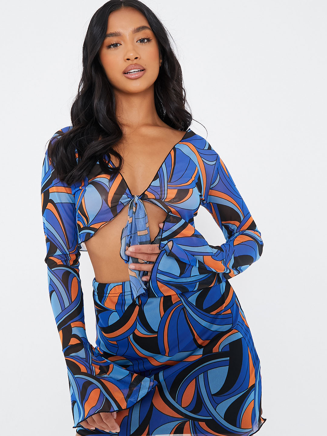

I Saw It First Blue & Orange Mesh Printed Tie-Up Front Bralette Crop Top