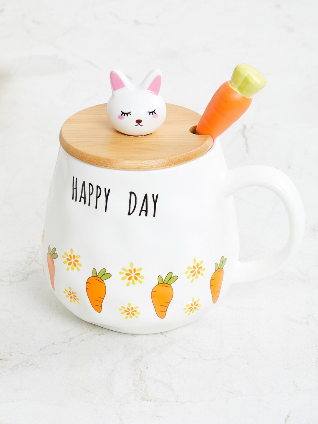 

Home Centre White & Orange Printed Plastic Glossy Mug With Lid & Spoon