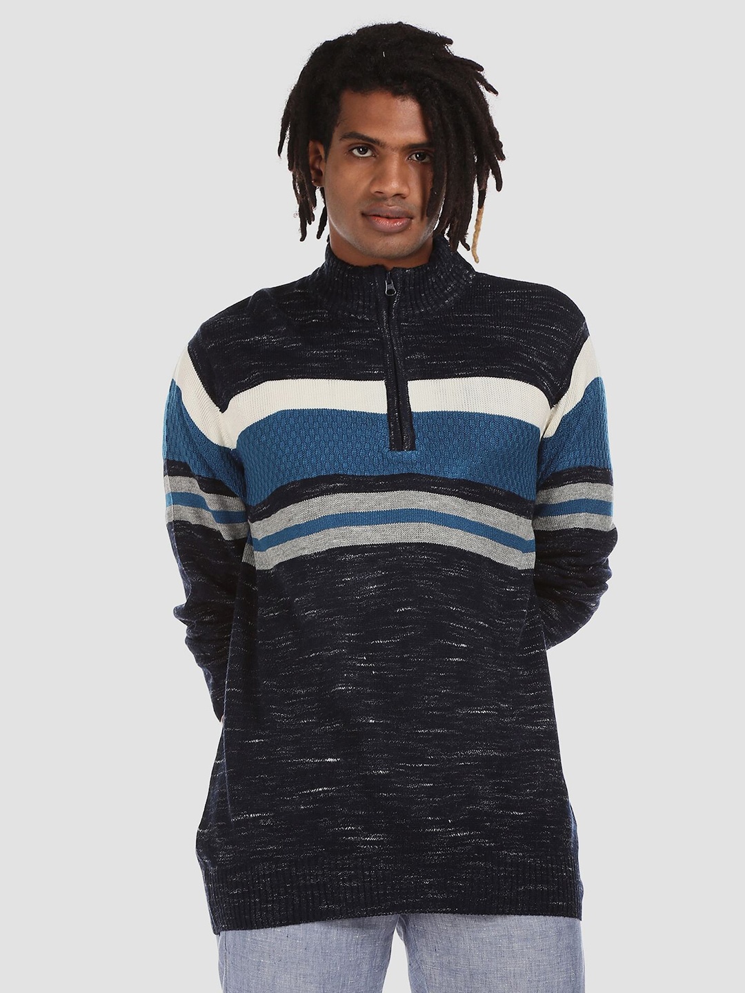 

Ruggers Men Grey & Blue Striped Pullover
