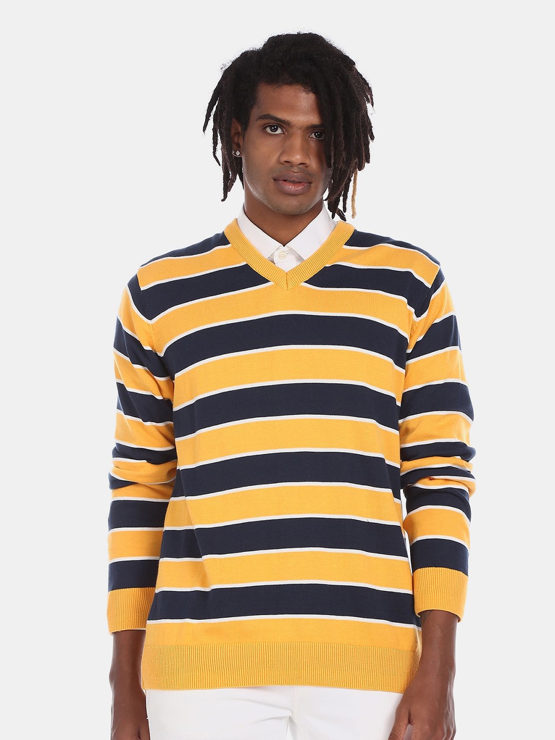 

Ruggers Men Yellow & Navy Blue Striped V-Neck Pure Cotton Pullover Sweater