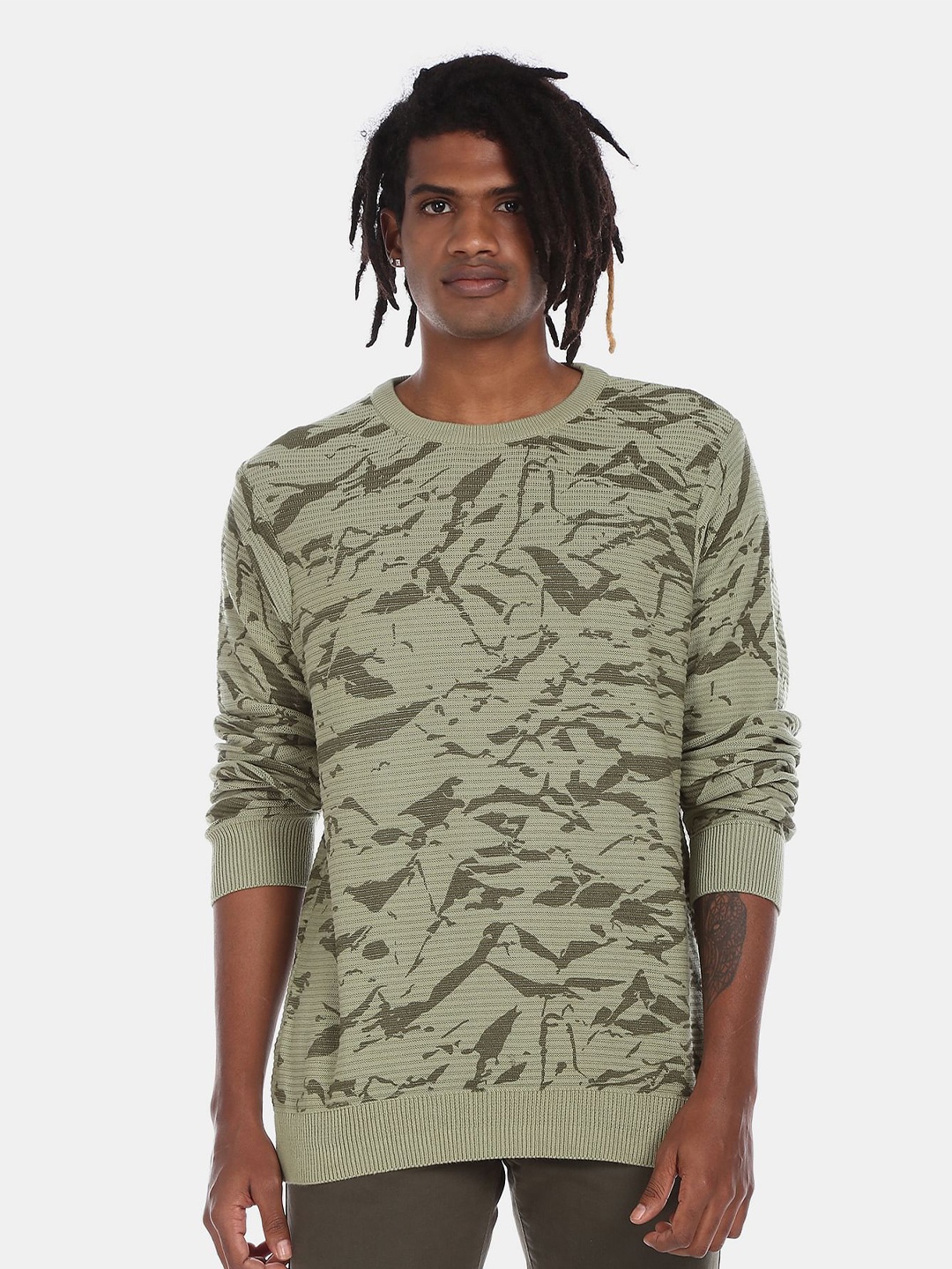 

Ruggers Men Olive Green Pure Cotton Printed Pullover