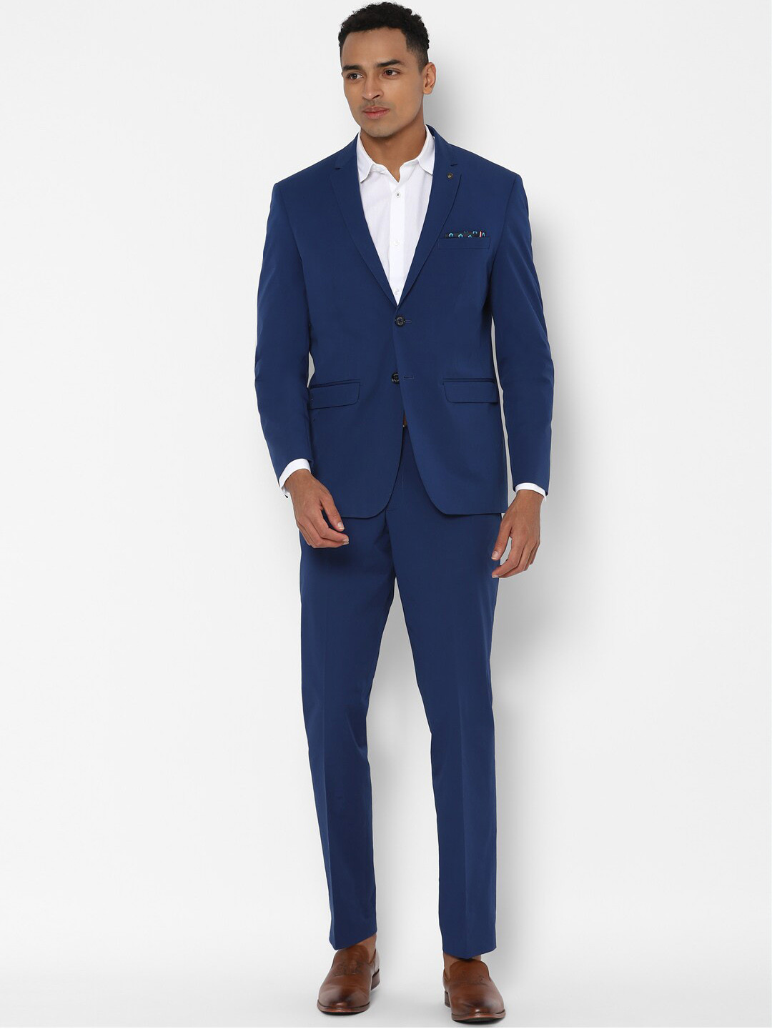 

Allen Solly Men Navy Blue Solid Cotton Blend Single Breasted Suit Set