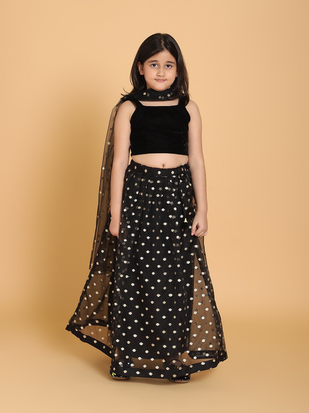 PICCOLO Girls Black & Gold-Toned Embellished Ready To Wear Lehenga & Blouse with Dupatta